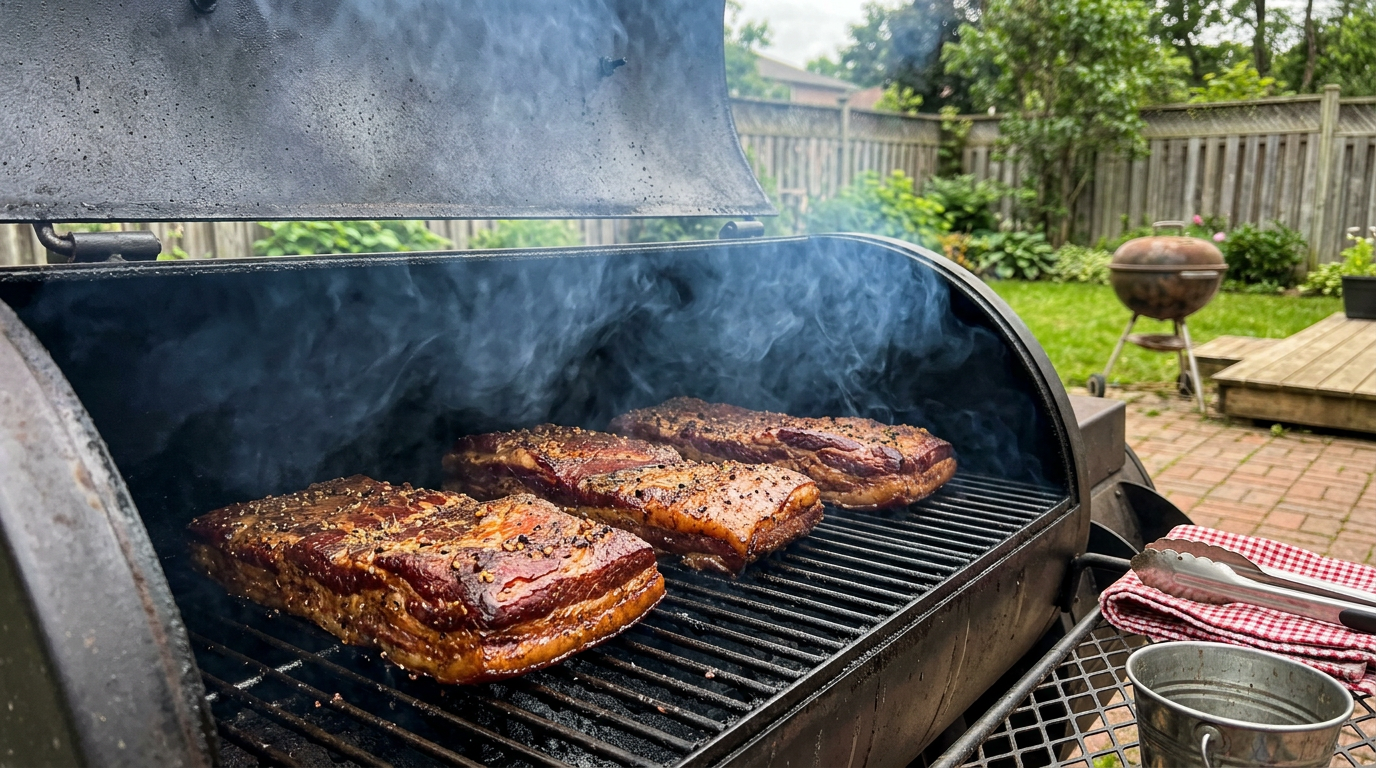 Buckboard bacon on the smoker