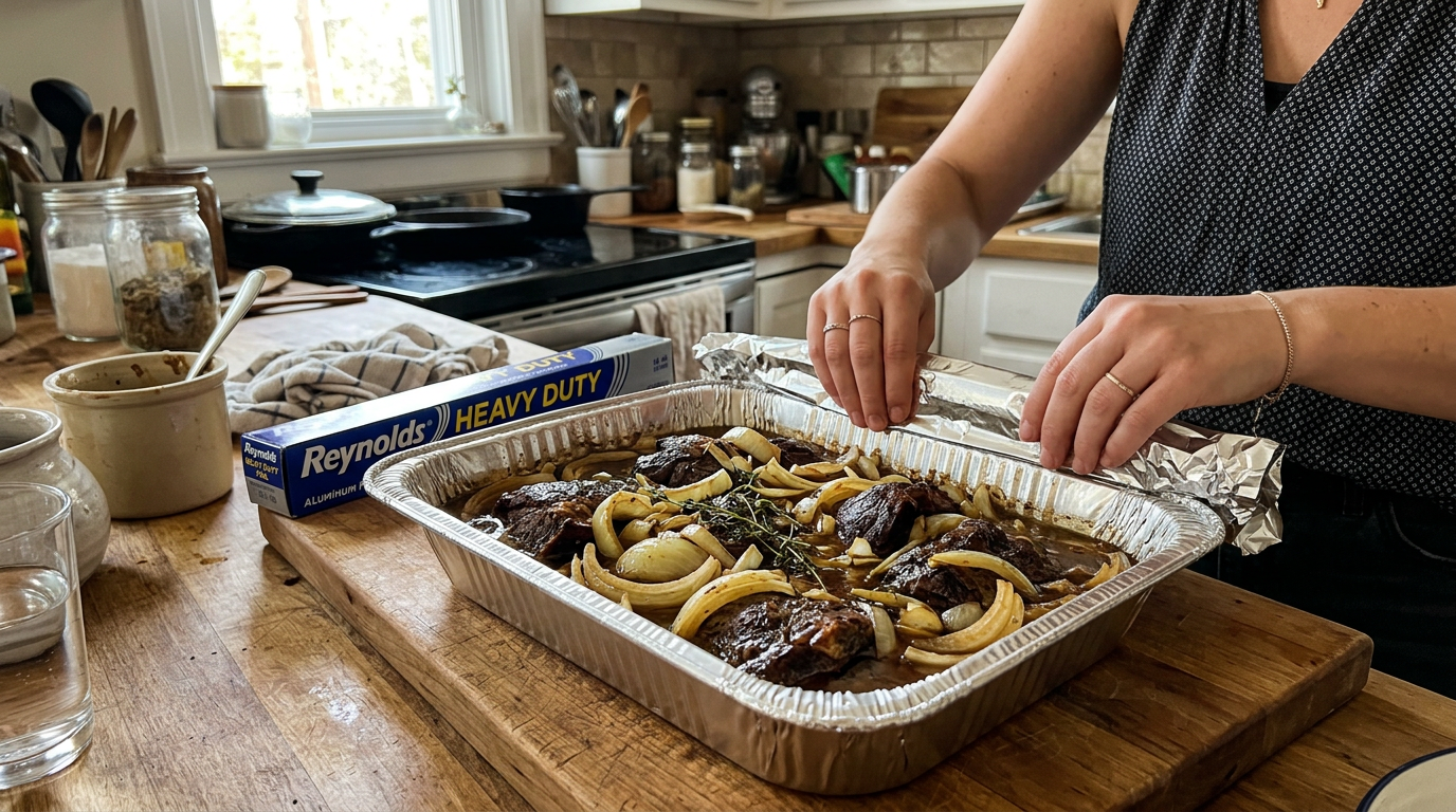 Wrapping beef cheeks in foil pan
