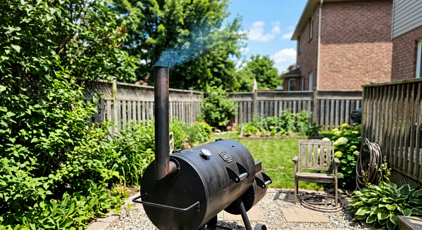 A thin, nearly invisible wisp of light blue smoke rising from the chimney stack of a black offset smoker against a clear blue sky