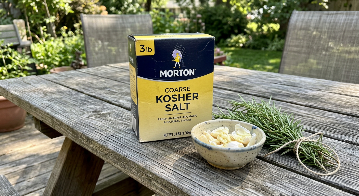 A collection of brining essentials: a large box of Kosher salt, smashed garlic cloves, and fresh rosemary sprigs on a weathered wooden table in bright natural outdoor light