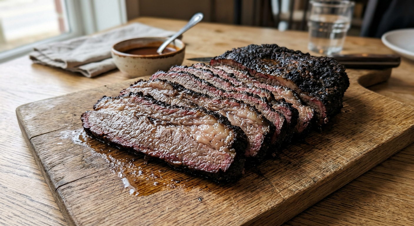 Sliced smoked beef brisket showing a juicy interior and a dark crunchy bark from a foil boat cook