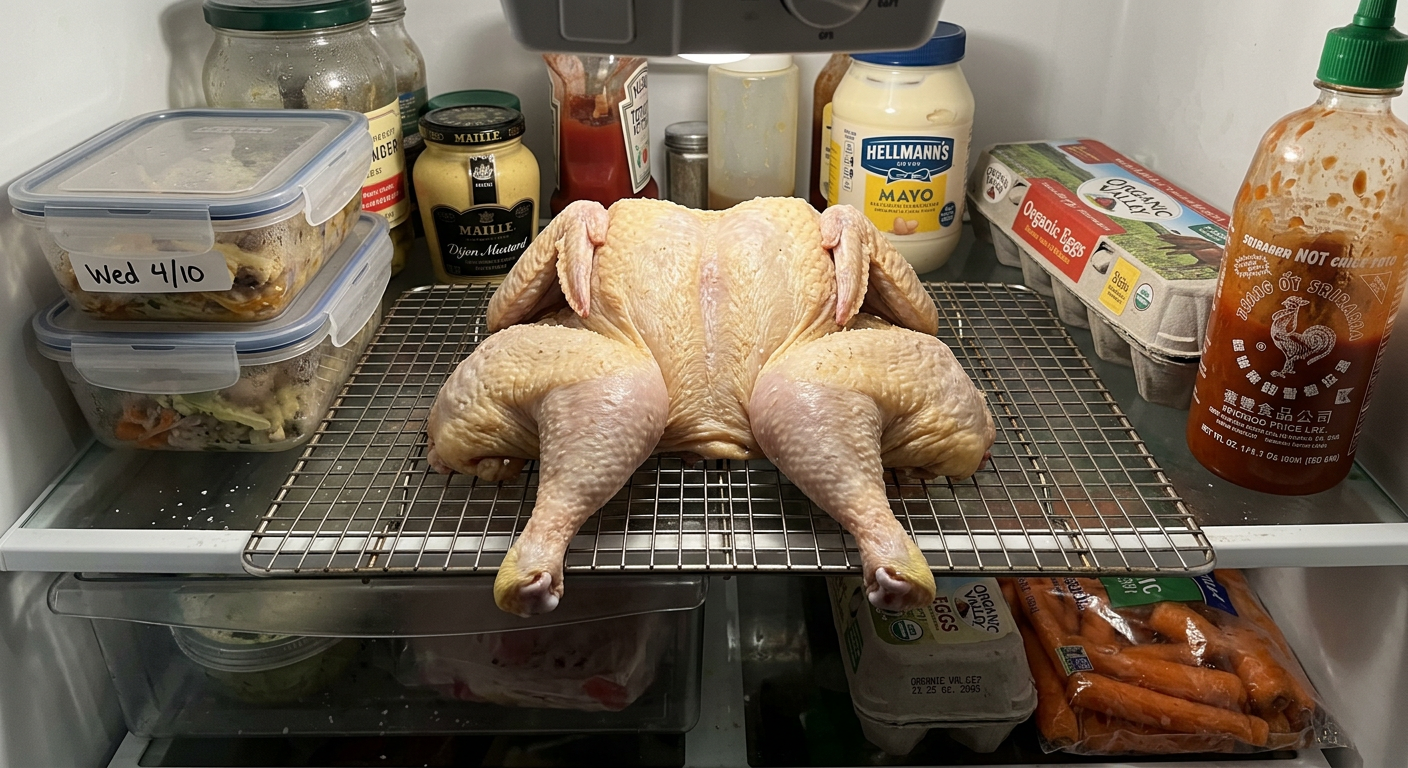 A spatchcocked chicken on a wire rack on a baking sheet inside a fridge, skin looks dry, tight, and slightly translucent