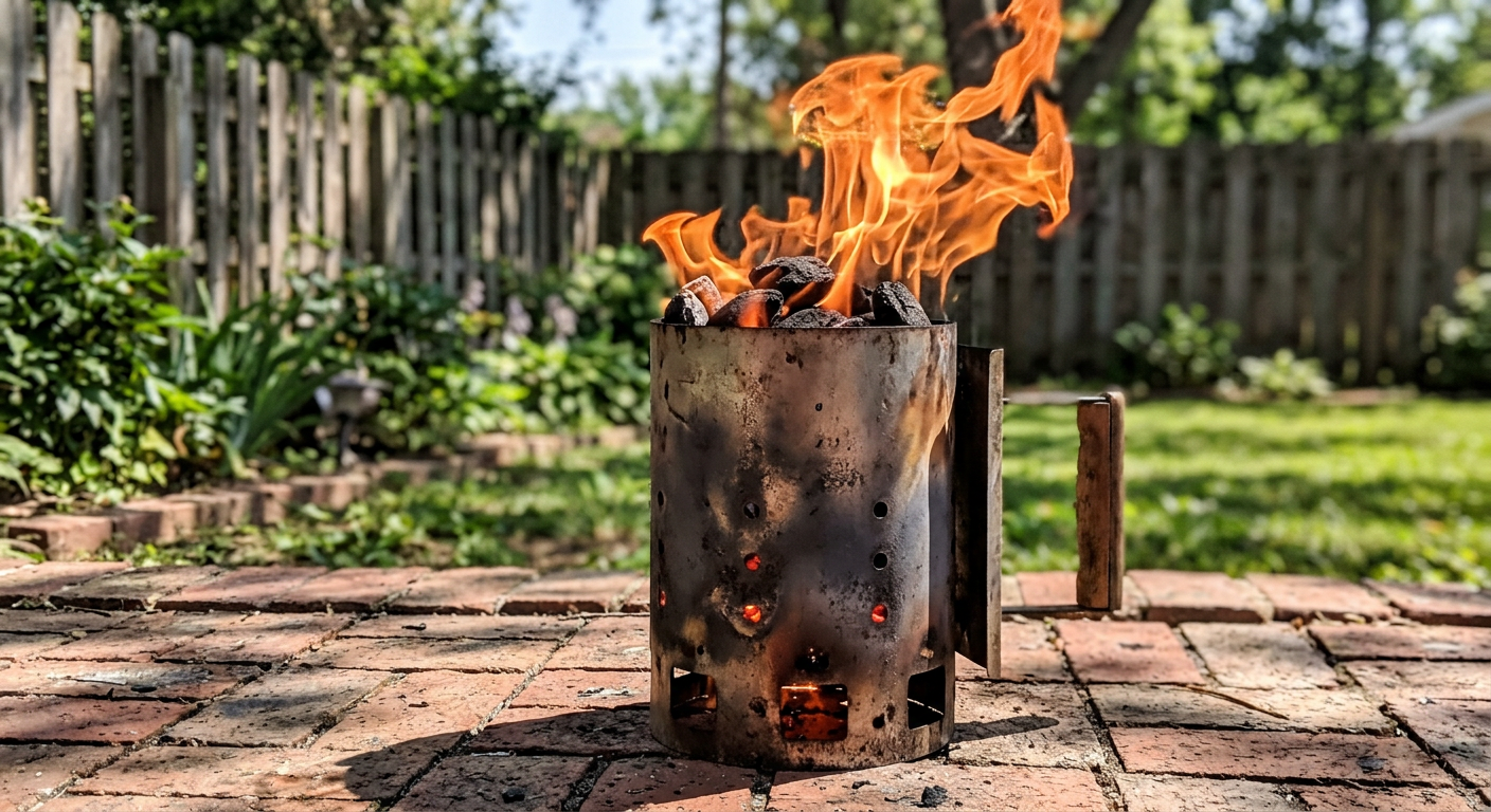 A metal chimney starter with flames licking out of the top and glowing coals inside