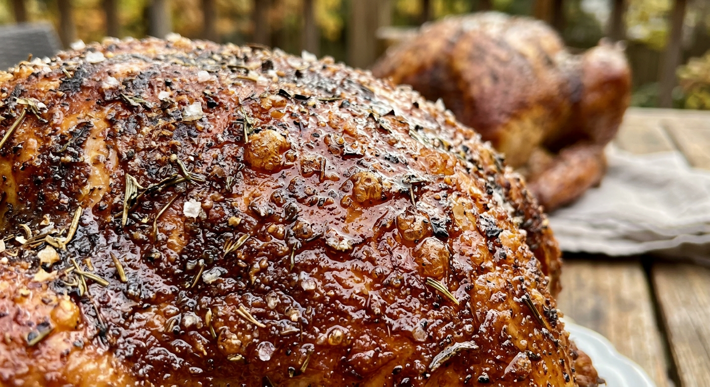 A macro close-up of incredibly crispy, golden-brown smoked turkey skin with salt crystals and herbs visible on the surface
