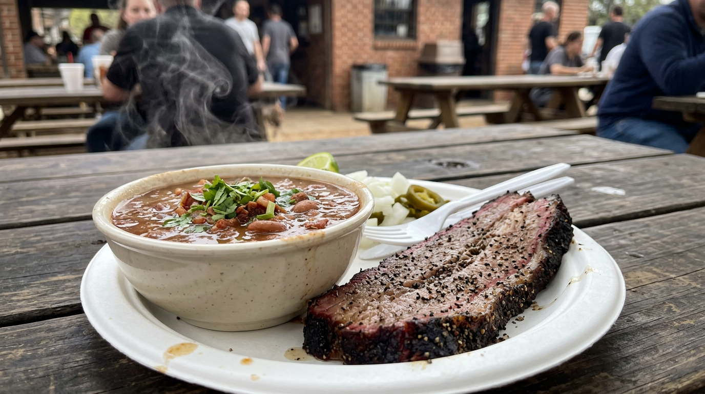 A rustic clay bowl filled with Charro beans topped with fresh cilantro and a side of lime