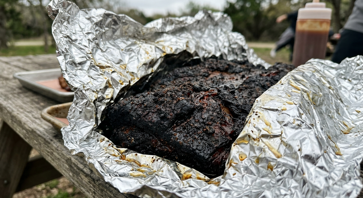 A dark, crunchy brisket bark peeking out from the silver foil edges of a foil boat in an offset smoker