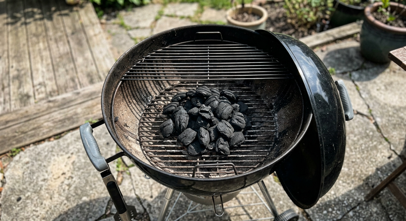 A close-up of the bottom vents and ash sweep of a kettle grill