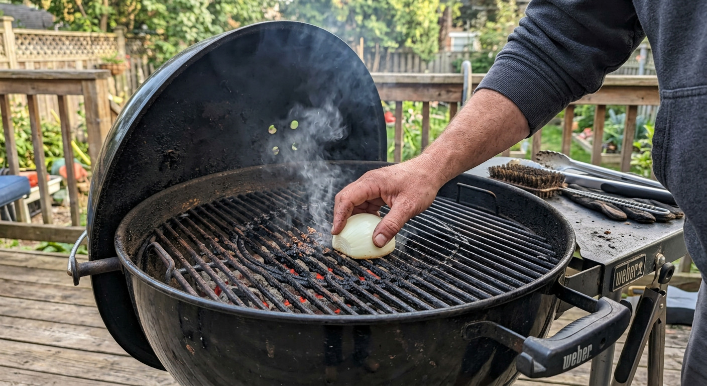 Using a halved white onion to clean the hot grates of a kettle grill