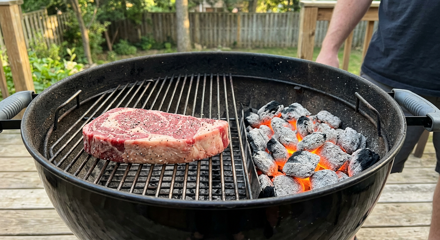 A raw steak on the indirect side of a kettle grill with coals banked on the other side