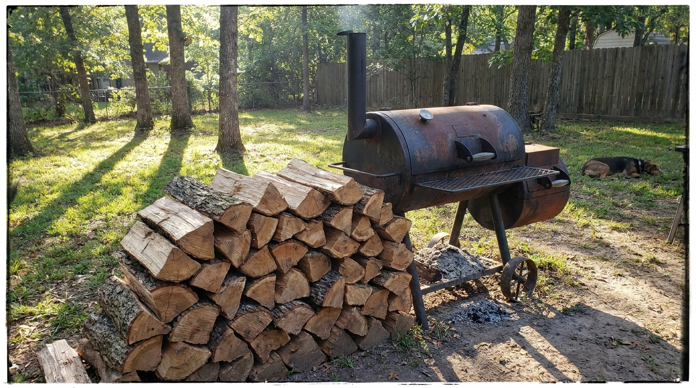 A neat stack of split Post Oak logs next to a smoker in a backyard