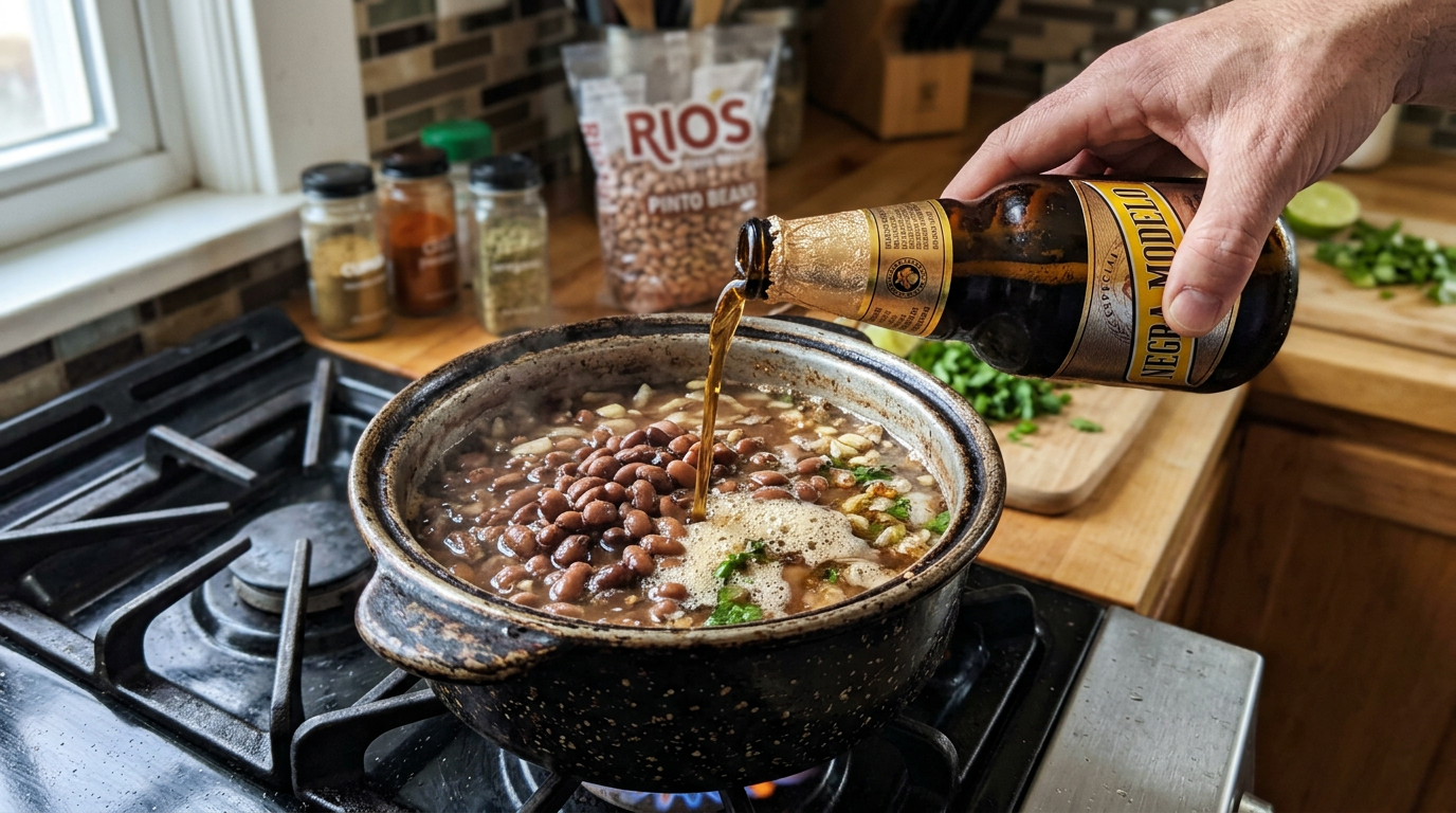 Pouring a dark Mexican lager into a pot of pinto beans and aromatics