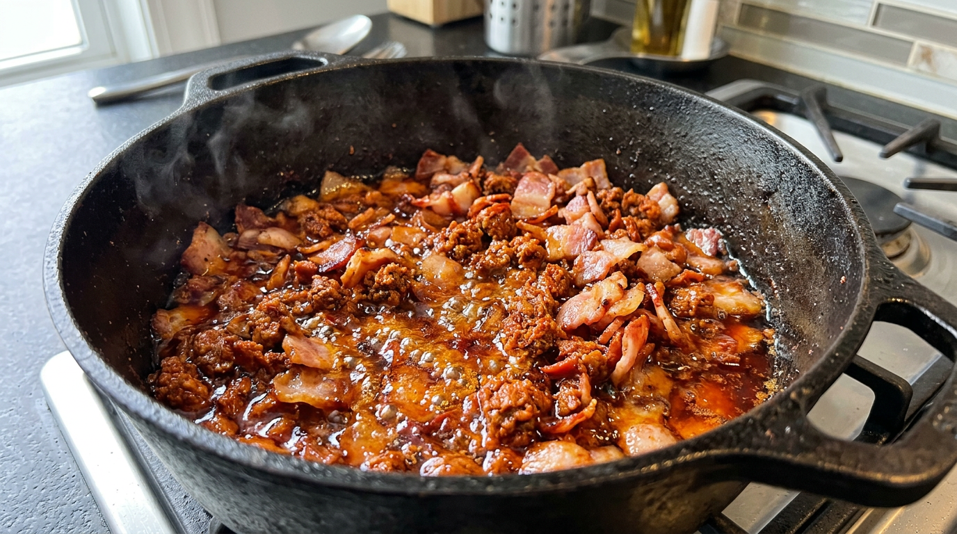 Close up of rendering bacon and chorizo in a cast iron pot