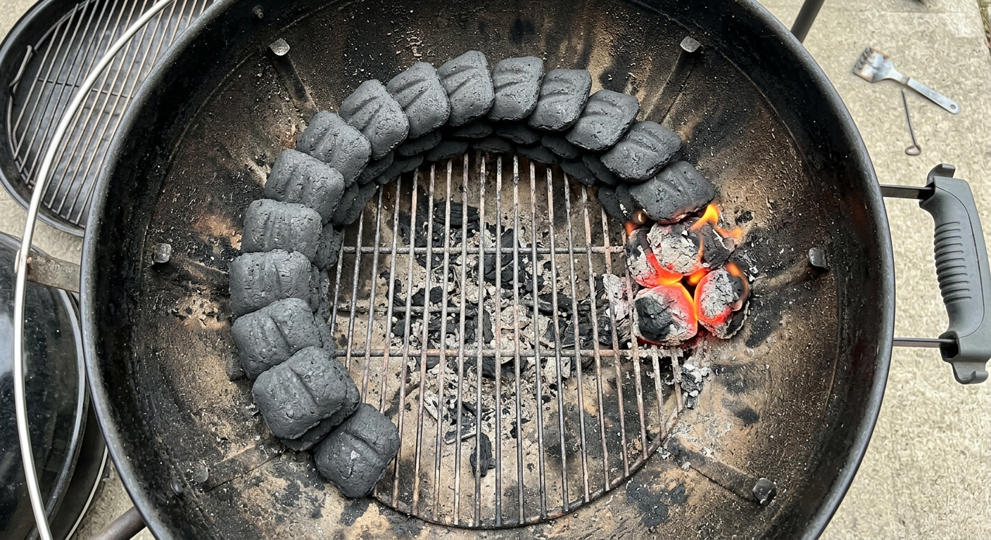 Top-down view of the snake method setup in a kettle grill