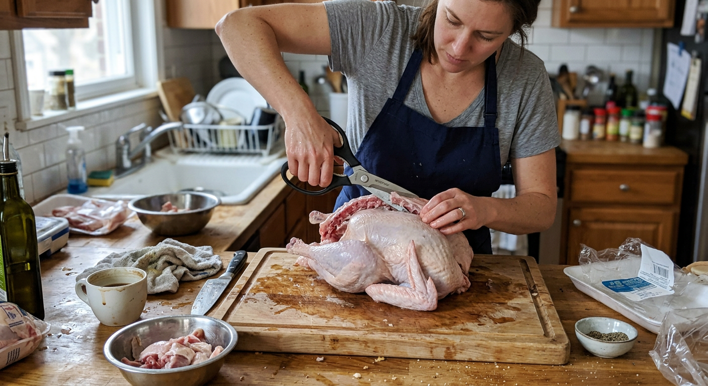 A person using heavy-duty kitchen shears to remove the backbone from a raw turkey on a messy kitchen counter