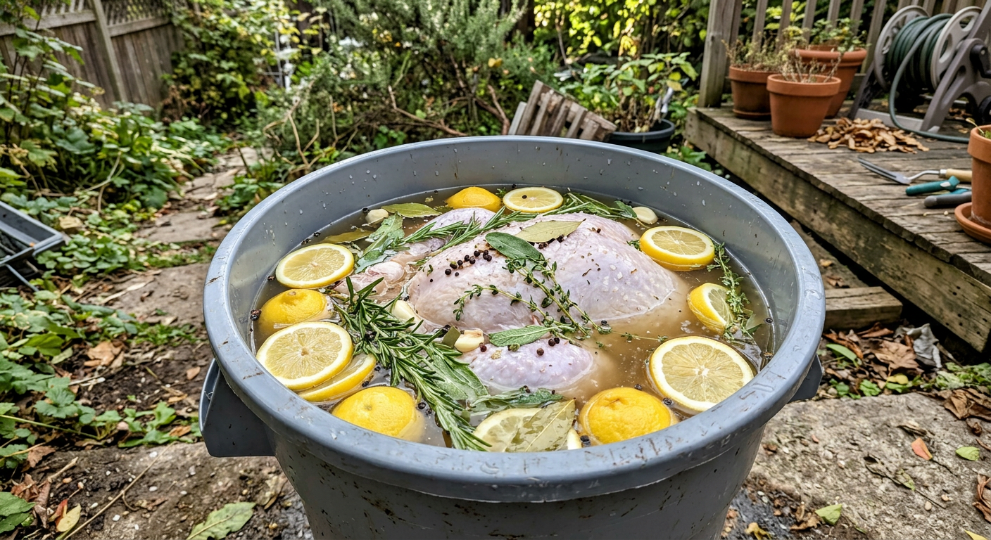A whole turkey submerged in a large white plastic brine bucket filled with water, lemons, peppercorns, and rosemary sprigs in a backyard setting